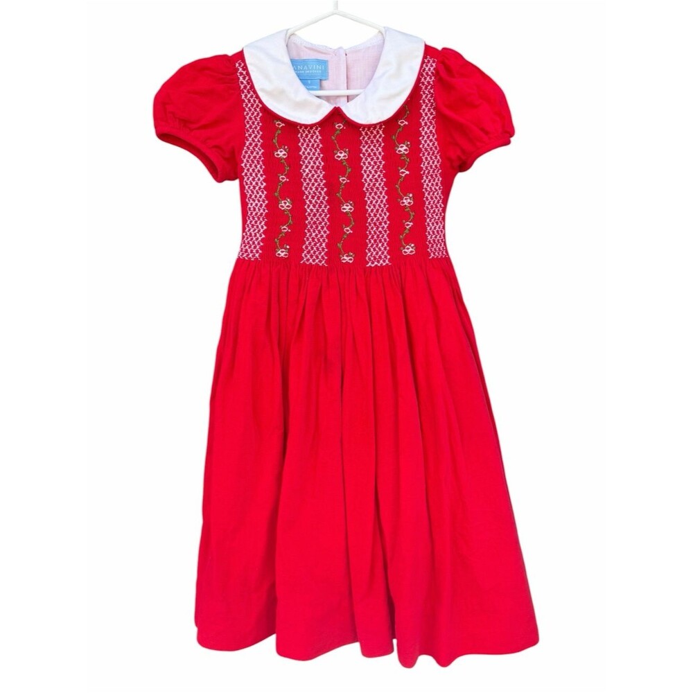 Anavini Red Smocked Holiday Dress Girls Size 5 Peter Pan Collar Cotton Floral